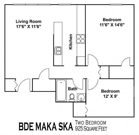 Floor plan for 2 beds, 1 bath, 925 sqft